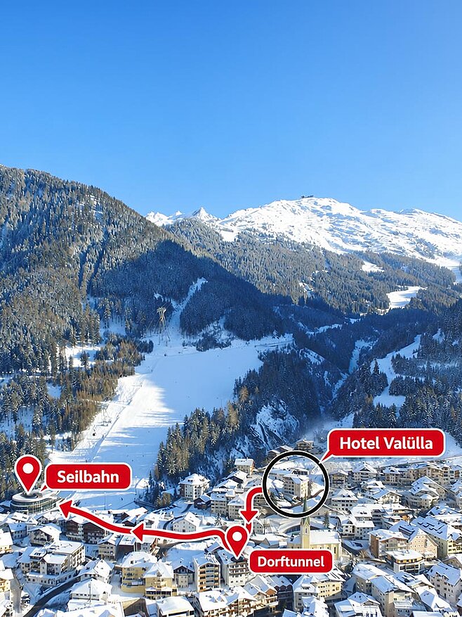 Luftbild von Ischgl im Winter mit Weg vom Hotel Garni Valülla durch den Dorftunnel zur Seilbahn