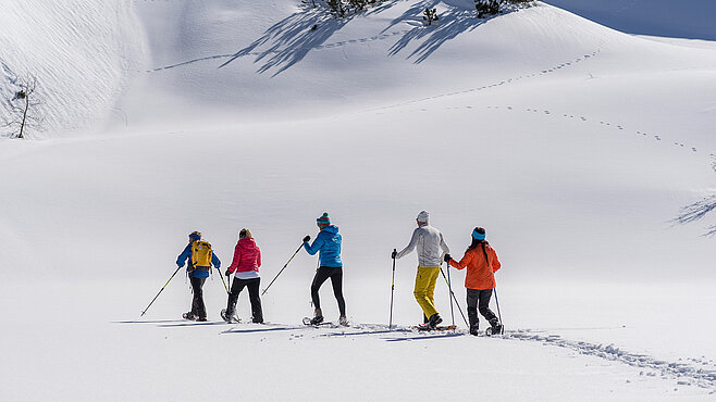 Gruppe von fünf Personen beim Schneeschuhwandern durch unberührten Tiefschnee in den Tiroler Alpen nahe Ischgl.